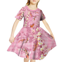 Pink Palaka Hawaiian And Japanese Kid Short Sleeve Dress Sakura Lei With Koi Fish - Polynesian Pride