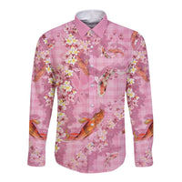 Pink Palaka Hawaiian And Japanese Long Sleeve Button Shirt Sakura Lei With Koi Fish - Polynesian Pride