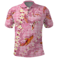 Pink Palaka Hawaiian And Japanese Polo Shirt Sakura Lei With Koi Fish - Polynesian Pride