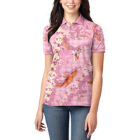 Pink Palaka Hawaiian And Japanese Women Polo Shirt Sakura Lei With Koi Fish - Polynesian Pride