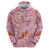 Pink Palaka Hawaiian And Japanese Zip Hoodie Sakura Lei With Koi Fish - Polynesian Pride