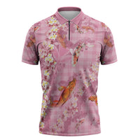 Pink Palaka Hawaiian And Japanese Zipper Polo Shirt Sakura Lei With Koi Fish DT05 Pink - Polynesian Pride