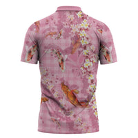 Pink Palaka Hawaiian And Japanese Zipper Polo Shirt Sakura Lei With Koi Fish DT05 - Polynesian Pride