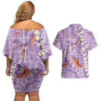 Purple Palaka Hawaiian And Japanese Couples Matching Off Shoulder Short Dress and Hawaiian Shirt Sakura Lei With Koi Fish - Polynesian Pride
