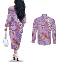 Purple Palaka Hawaiian And Japanese Couples Matching Off The Shoulder Long Sleeve Dress and Long Sleeve Button Shirt Sakura Lei With Koi Fish - Polynesian Pride