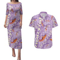Purple Palaka Hawaiian And Japanese Couples Matching Puletasi and Hawaiian Shirt Sakura Lei With Koi Fish - Polynesian Pride