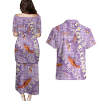 Purple Palaka Hawaiian And Japanese Couples Matching Puletasi and Hawaiian Shirt Sakura Lei With Koi Fish - Polynesian Pride