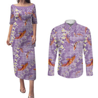 Purple Palaka Hawaiian And Japanese Couples Matching Puletasi and Long Sleeve Button Shirt Sakura Lei With Koi Fish DT05 Purple - Polynesian Pride
