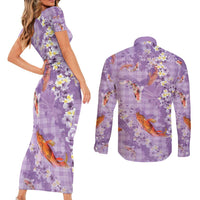 Purple Palaka Hawaiian And Japanese Couples Matching Short Sleeve Bodycon Dress and Long Sleeve Button Shirt Sakura Lei With Koi Fish - Polynesian Pride