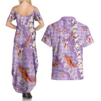 Purple Palaka Hawaiian And Japanese Couples Matching Summer Maxi Dress and Hawaiian Shirt Sakura Lei With Koi Fish - Polynesian Pride