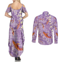 Purple Palaka Hawaiian And Japanese Couples Matching Summer Maxi Dress and Long Sleeve Button Shirt Sakura Lei With Koi Fish DT05 - Polynesian Pride