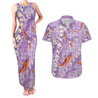 Purple Palaka Hawaiian And Japanese Couples Matching Tank Maxi Dress and Hawaiian Shirt Sakura Lei With Koi Fish - Polynesian Pride