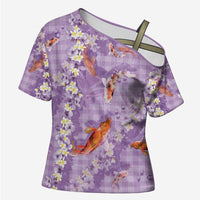 Purple Palaka Hawaiian And Japanese Cross Shoulder Shirt Sakura Lei With Koi Fish - Polynesian Pride
