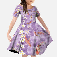 Purple Palaka Hawaiian And Japanese Family Matching Long Sleeve Bodycon Dress and Hawaiian Shirt Sakura Lei With Koi Fish - Polynesian Pride