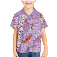 Purple Palaka Hawaiian And Japanese Family Matching Mermaid Dress and Hawaiian Shirt Sakura Lei With Koi Fish DT05 Son's Shirt Purple - Polynesian Pride