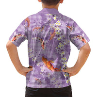 Purple Palaka Hawaiian And Japanese Family Matching Off The Shoulder Long Sleeve Dress and Hawaiian Shirt Sakura Lei With Koi Fish DT05 - Polynesian Pride