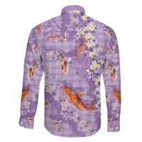 Purple Palaka Hawaiian And Japanese Family Matching Off The Shoulder Long Sleeve Dress and Hawaiian Shirt Sakura Lei With Koi Fish DT05 - Polynesian Pride