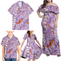Purple Palaka Hawaiian And Japanese Family Matching Off Shoulder Maxi Dress and Hawaiian Shirt Sakura Lei With Koi Fish - Polynesian Pride