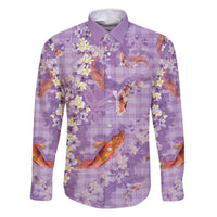 Purple Palaka Hawaiian And Japanese Family Matching Off Shoulder Short Dress and Hawaiian Shirt Sakura Lei With Koi Fish DT05 Dad's Shirt - Long Sleeve Purple - Polynesian Pride