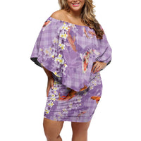 Purple Palaka Hawaiian And Japanese Family Matching Off Shoulder Short Dress and Hawaiian Shirt Sakura Lei With Koi Fish - Polynesian Pride