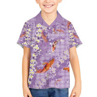 Purple Palaka Hawaiian And Japanese Family Matching Off Shoulder Short Dress and Hawaiian Shirt Sakura Lei With Koi Fish DT05 Son's Shirt Purple - Polynesian Pride