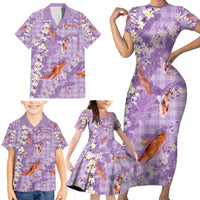 Purple Palaka Hawaiian And Japanese Family Matching Short Sleeve Bodycon Dress and Hawaiian Shirt Sakura Lei With Koi Fish DT05 - Polynesian Pride