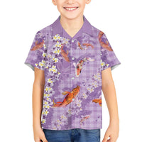 Purple Palaka Hawaiian And Japanese Family Matching Short Sleeve Bodycon Dress and Hawaiian Shirt Sakura Lei With Koi Fish DT05 Son's Shirt Purple - Polynesian Pride