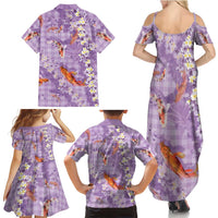 Purple Palaka Hawaiian And Japanese Family Matching Summer Maxi Dress and Hawaiian Shirt Sakura Lei With Koi Fish DT05 - Polynesian Pride