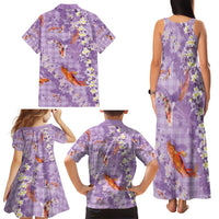 Purple Palaka Hawaiian And Japanese Family Matching Tank Maxi Dress and Hawaiian Shirt Sakura Lei With Koi Fish - Polynesian Pride