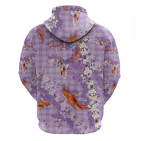 Purple Palaka Hawaiian And Japanese Hoodie Sakura Lei With Koi Fish - Polynesian Pride