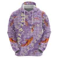 Purple Palaka Hawaiian And Japanese Hoodie Sakura Lei With Koi Fish - Polynesian Pride