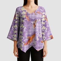 Purple Palaka Hawaiian And Japanese Kimono Sleeve Blouse Sakura Lei With Koi Fish - Polynesian Pride