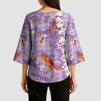 Purple Palaka Hawaiian And Japanese Kimono Sleeve Blouse Sakura Lei With Koi Fish - Polynesian Pride