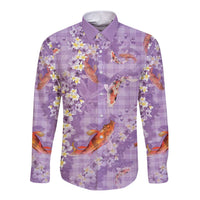 Purple Palaka Hawaiian And Japanese Long Sleeve Button Shirt Sakura Lei With Koi Fish - Polynesian Pride