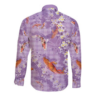 Purple Palaka Hawaiian And Japanese Long Sleeve Button Shirt Sakura Lei With Koi Fish - Polynesian Pride