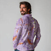 Purple Palaka Hawaiian And Japanese Long Sleeve Polo Shirt Sakura Lei With Koi Fish - Polynesian Pride