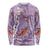 Purple Palaka Hawaiian And Japanese Long Sleeve Shirt Sakura Lei With Koi Fish - Polynesian Pride