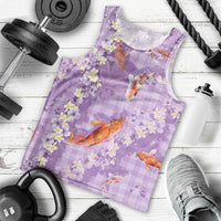 Purple Palaka Hawaiian And Japanese Men Tank Top Sakura Lei With Koi Fish - Polynesian Pride