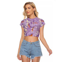 Purple Palaka Hawaiian And Japanese Raglan Cropped T Shirt Sakura Lei With Koi Fish - Polynesian Pride