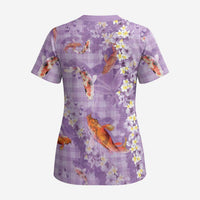Purple Palaka Hawaiian And Japanese Scrub Top Sakura Lei With Koi Fish - Polynesian Pride