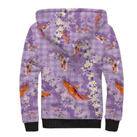 Purple Palaka Hawaiian And Japanese Sherpa Hoodie Sakura Lei With Koi Fish - Polynesian Pride