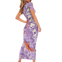 Purple Palaka Hawaiian And Japanese Short Sleeve Bodycon Dress Sakura Lei With Koi Fish DT05 - Polynesian Pride