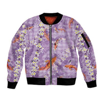 Purple Palaka Hawaiian And Japanese Sleeve Zip Bomber Jacket Sakura Lei With Koi Fish - Polynesian Pride