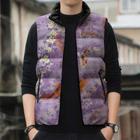 Purple Palaka Hawaiian And Japanese Sleeveless Puffer Jacket Sakura Lei With Koi Fish - Polynesian Pride