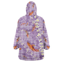 Purple Palaka Hawaiian And Japanese Wearable Blanket Hoodie Sakura Lei With Koi Fish - Polynesian Pride