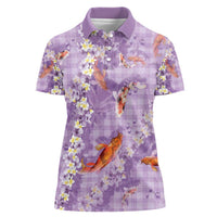 Purple Palaka Hawaiian And Japanese Women Polo Shirt Sakura Lei With Koi Fish - Polynesian Pride