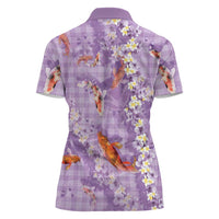 Purple Palaka Hawaiian And Japanese Women Polo Shirt Sakura Lei With Koi Fish DT05 - Polynesian Pride
