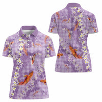 Purple Palaka Hawaiian And Japanese Women Polo Shirt Sakura Lei With Koi Fish - Polynesian Pride