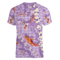 Purple Palaka Hawaiian And Japanese Women V-Neck T-Shirt Sakura Lei With Koi Fish DT05 - Polynesian Pride