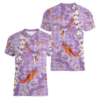 Purple Palaka Hawaiian And Japanese Women V-Neck T-Shirt Sakura Lei With Koi Fish - Polynesian Pride